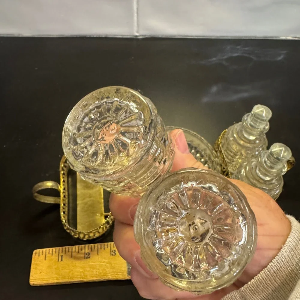 Vintage Condiment Caddy Set 6pc Clear Gold Cut Glass Shakers Cruets Bowl